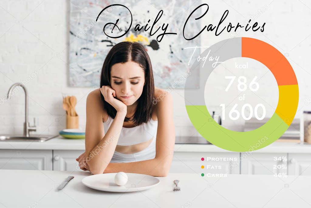 Pensive sportswoman looking at egg on kitchen table near daily calories illustration