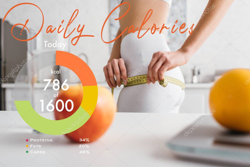 Selective focus of slim girl measuring hips near fruits, glass of water and scales on table in kitchen, daily calories illustration