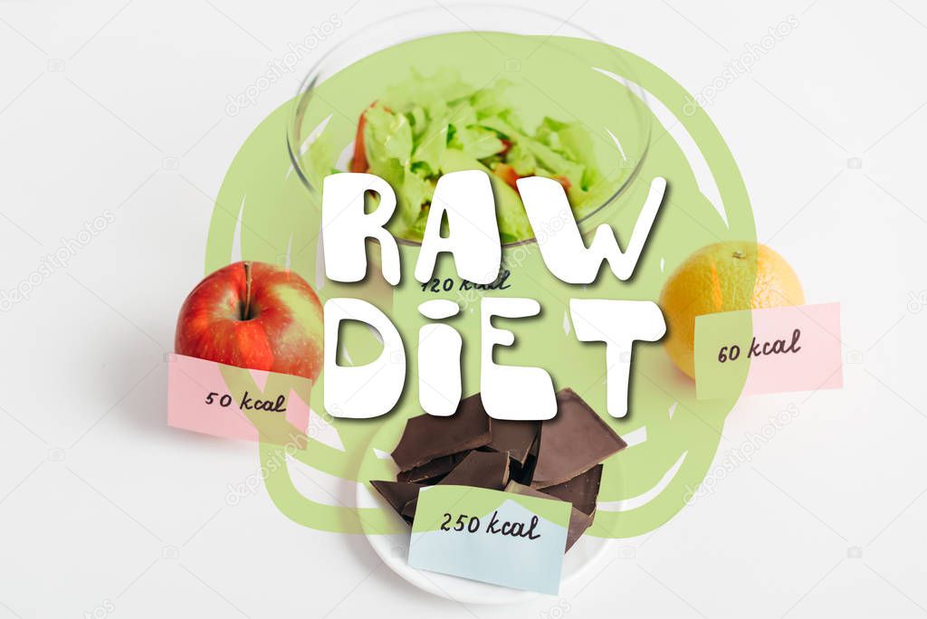 Fresh fruits, chocolate and salad with calories on cards on white background, raw diet illustration