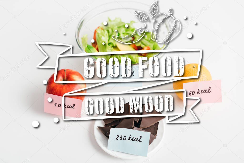 Fresh fruits, chocolate and salad with calories on cards on white background, good food good mood illustration