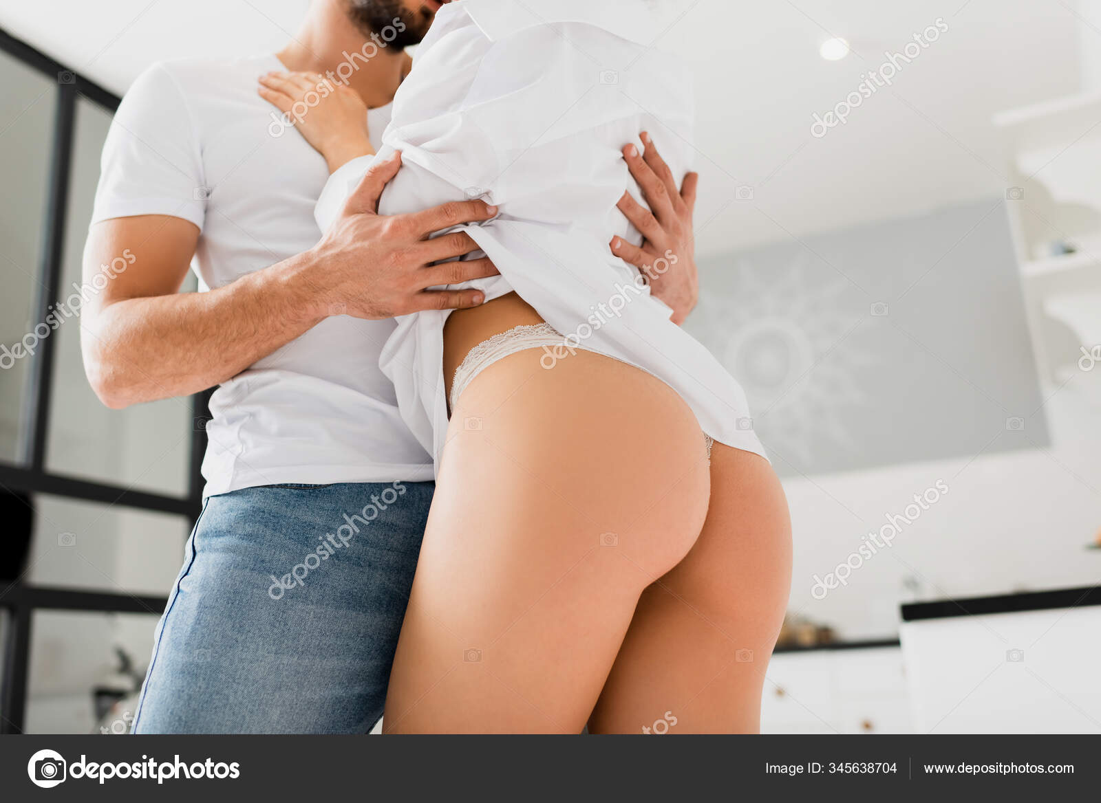 Low Angle View Man Undressing Sexy Girlfriend Panties Shirt Kitchen Stock Photo by ©HayDmitriy 345638704