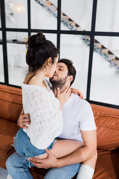 Handsome Man Kissing Holding Buttocks Sexy Girl Couch — Stock Photo, Image