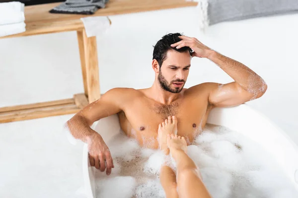 High Angle View Female Feet Chest Handsome Man Bathtub Foam — Stockfoto
