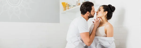 Side View Handsome Man Kissing Sexy Girlfriend Bra Shirt Kitchen — Stock Photo, Image