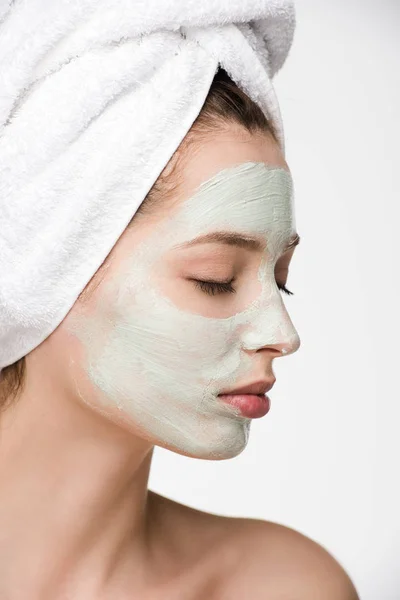 Attractive Girl Nourishing Facial Mask Towel Head Closed Eyes Isolated — Stock Photo, Image
