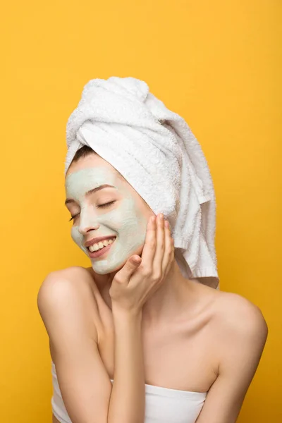 Happy Girl Nourishing Facial Mask Towel Head Touching Head Closed — Stock Photo, Image