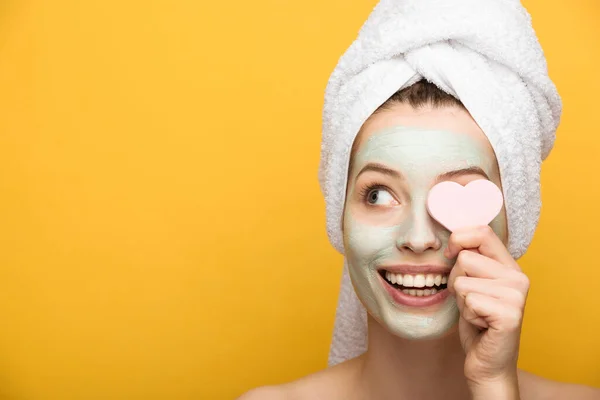 Cheerful Girl Nourishing Facial Mask Covering Eye Heart Shaped Cosmetic — Stock Photo, Image