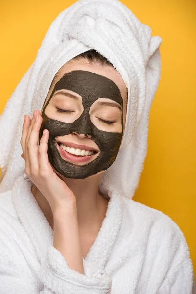 Happy Girl Facial Clay Mask Towel Head Touching Face Isolated — Stock Photo, Image