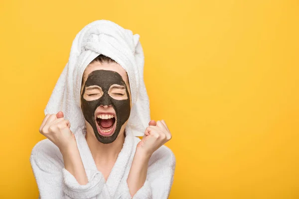 Irritated Girl Facial Clay Mask Towel Head Holding Clenched Fists — Stock Photo, Image