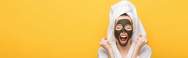 Panoramic Shot Angry Girl Facial Clay Mask Towel Head Holding — Stock Photo, Image