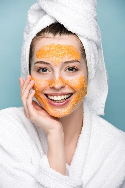 Happy Girl Citrus Facial Mask Touching Face While Looking Camera — Stock Photo, Image