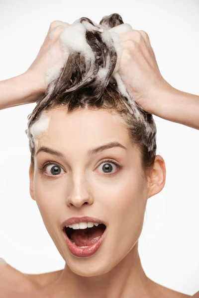 Shocked Girl Open Mouth Wide Open Eyes Washing Hair Isolated — Stock Photo, Image