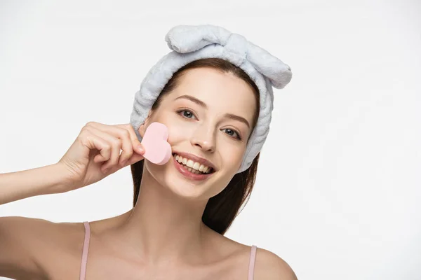 Cheerful Girl Holding Heart Shaped Cosmetic Sponge Face Isolated White — Stock Photo, Image