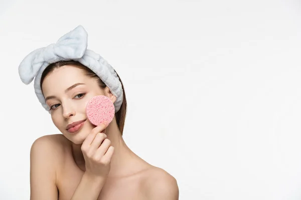 Smiling Girl Holding Cosmetic Sponge Face Isolated White — Stock Photo, Image