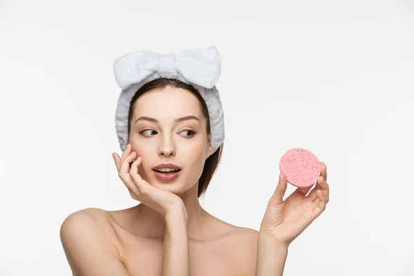 Dreamy Girl Holding Cosmetic Sponge Touching Face Isolated White — Stock Photo, Image