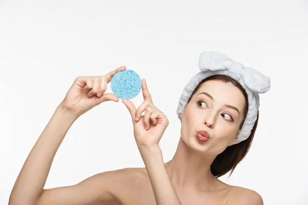 Attractive Girl Duck Face Expression Looking Cosmetic Sponge Isolated White — Stock Photo, Image