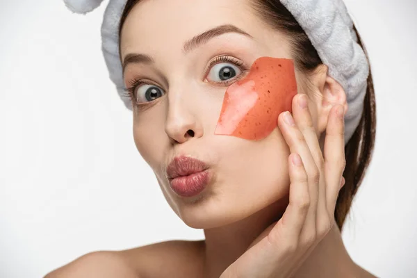 Attractive Girl Wide Open Eyes Duck Face Touching Collagen Patch — Stock Photo, Image