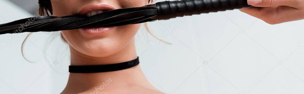 panoramic shot of sexy woman holding flogging whip in teeth 