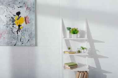 Kitapların yanında sanat eserleri ve kitaplıkta güneş ışığı alan beyaz duvarın yanında bitkiler.
