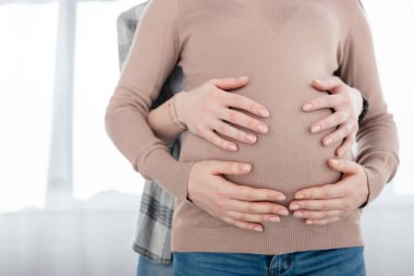 Hamile kız arkadaşının karnına dokunan kadın manzarası. 