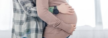 Cropped view of woman touching belly of pregnant girlfriend, panoramic shot  clipart