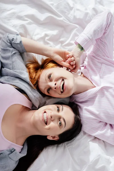 Top View Same Sex Couple Smiling While Lying Bed — Stock Photo, Image