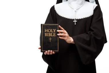 cropped view of nun holding holy bible isolated on white clipart