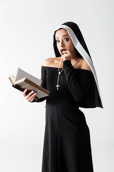 Sexy Shocked Nun Black Dress Reading Bible Isolated Grey — Stock Photo, Image