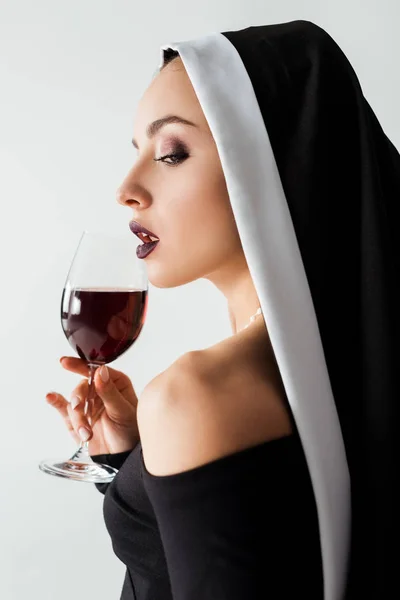 Attractive Sensual Nun Holding Glass Red Wine Isolated Grey — Stock Photo, Image