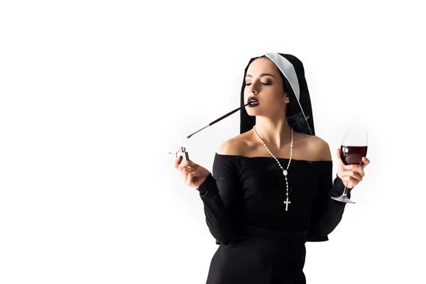 Seductive Nun Lighter Glass Wine Smoking Cigarette Mouthpiece Isolated White — Stock Photo, Image