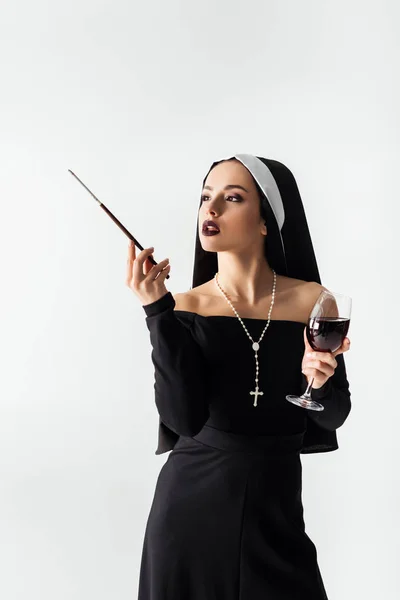 Attractive Nun Glass Wine Smoking Cigarette Mouthpiece Isolated Grey — Stock Photo, Image