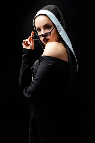 Sexy Young Nun Black Dress Sunglasses Isolated Black — Stock Photo, Image