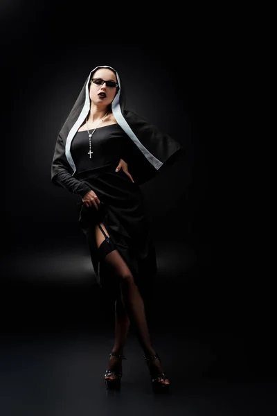 Sexy Nun Black Dress Stockings Sunglasses Black — Stock Photo, Image