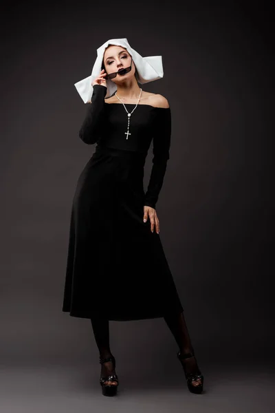 Sexy Nun Black Dress Sunglasses Grey — Stock Photo, Image