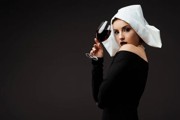 Beautiful Sexy Nun Holding Glass Red Wine Isolated Grey — Stock Photo, Image