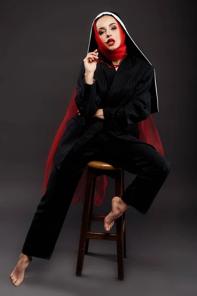 Barefoot Fashionable Sexy Nun Posing Black Suit Red Scarf Sunglasses — Stock Photo, Image