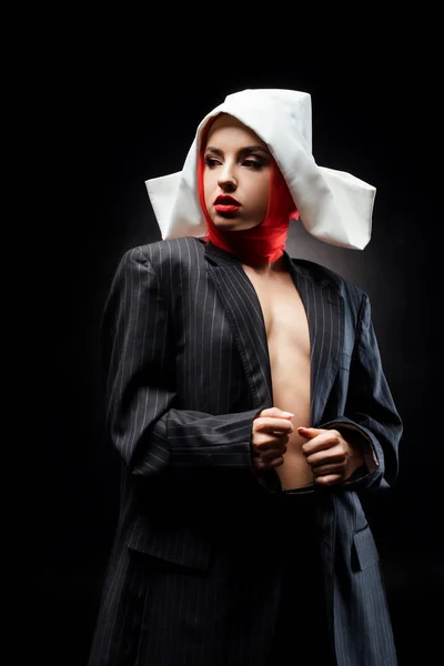 Attractive Nude Sexy Nun Posing Black Suit Red Scarf Isolated — Stock Photo, Image