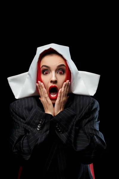 Shocked Demonic Nun Red Eyes Open Mouth Isolated Black — Stock Photo, Image