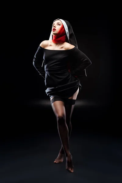 Attractive Sexy Nun Black Dress Red Scarf Stockings Black — Stock Photo, Image