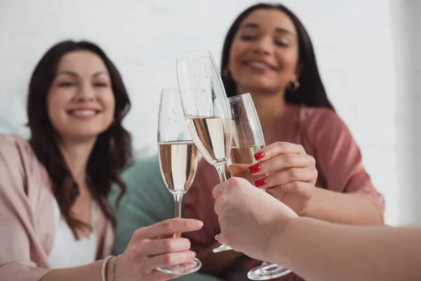 Cropped View African American Caucasian Women Smiling Clinking Champagne Glasses — Stock Photo, Image