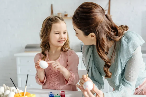 Happy Kid Looking Mother Easter Eggs — Stock Photo, Image