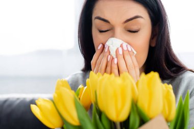 selective focus of woman with pollen allergy sneezing near tulips  clipart