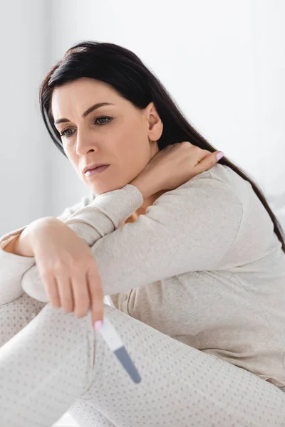 Selective Focus Sad Woman Holding Pregnancy Test Negative Result — Stock Photo, Image