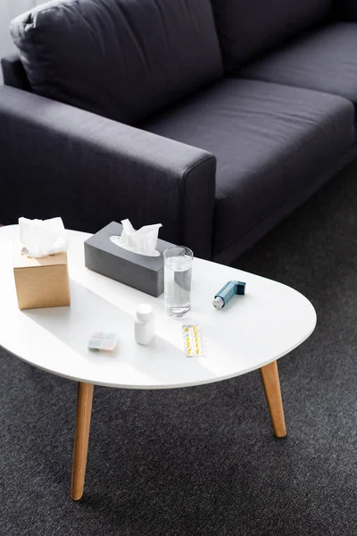 Glass Water Tissue Box Inhaler Blister Pack Pills Sofa — Stock Photo, Image