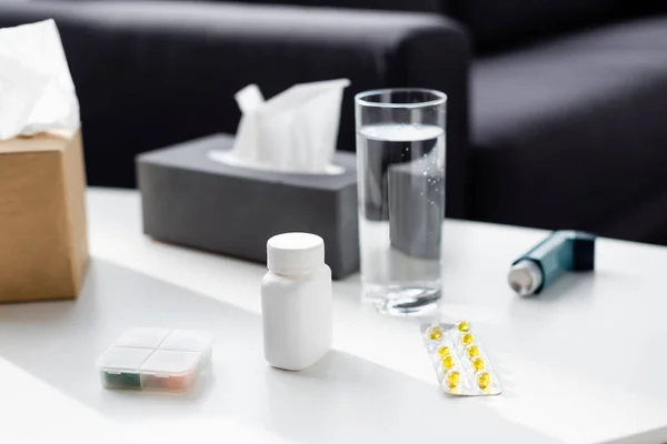 Selective Focus Glass Water Tissue Box Inhaler Blister Pack Pills — Stock Photo, Image