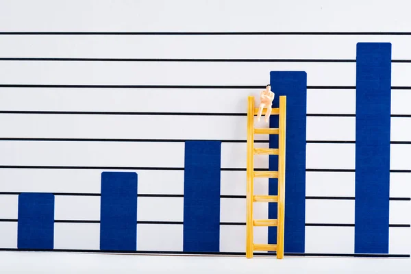 Plastic People Figure Ladder White Surface Blue Analytics Graphs Background — Stock Photo, Image