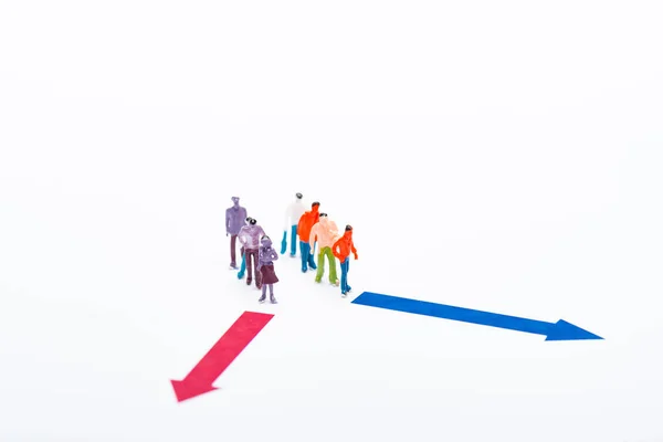 Plastic People Figures Red Blue Arrows Isolated White Concept Equality — Stock Photo, Image