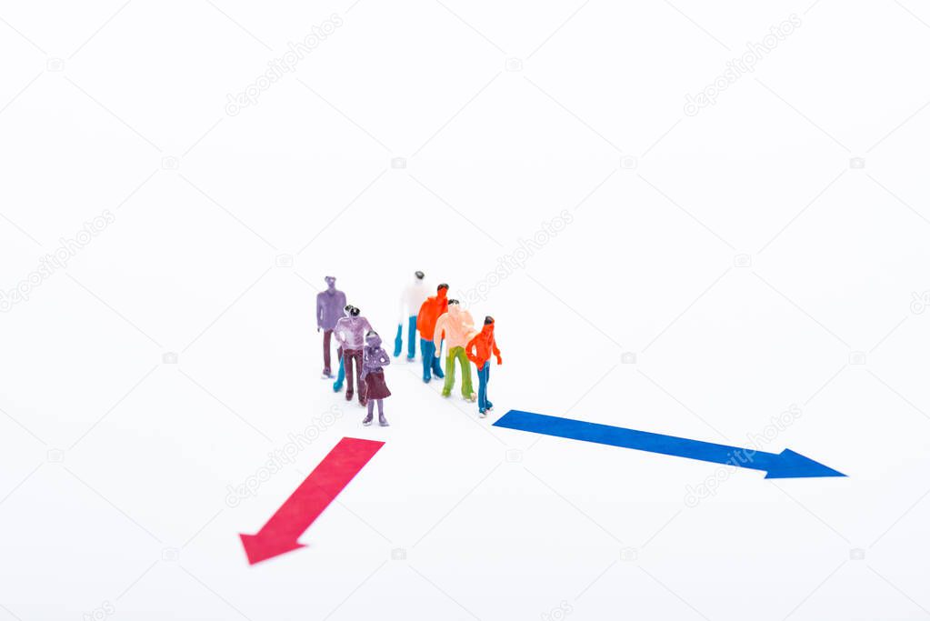 Plastic people figures near red and blue arrows isolated on white, concept of equality