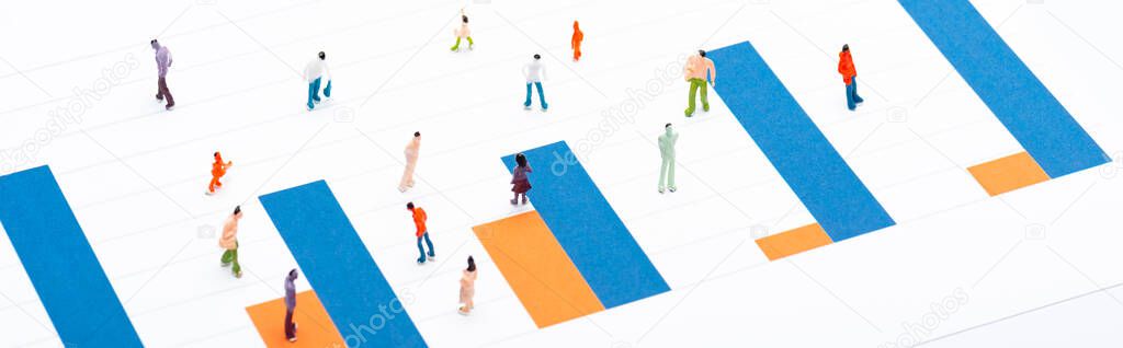 Concept of equality with people figures on surface with blue and orange diagram isolated on white, panoramic shot