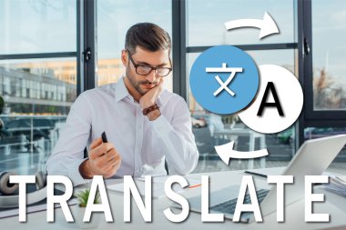 professional translator in eyeglasses working online with laptop, translate illustration clipart
